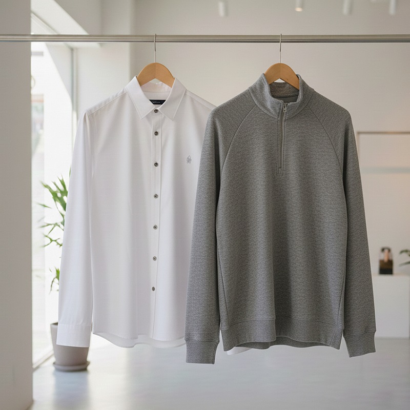 پکیج دورس مردانه نیم زیپ مدل Behbod-طوسی  پیراهن مردانه سفید VQ